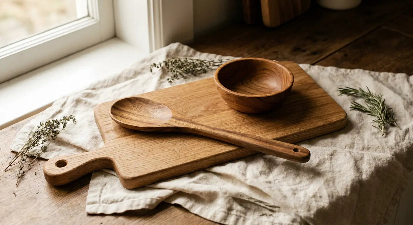 A flat-lay of handcrafted wooden kitchen items including a cutting board, serving spoon, and bowl in oak, acacia, and teak, bathed in soft natural light on a linen-covered Nordic kitchen counter.