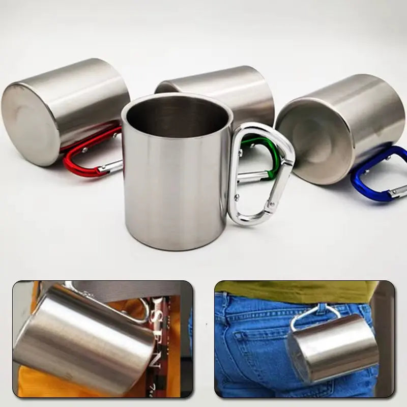 220Ml Stainless Steel Cup for Camping Traveling Outdoor Cup with Handle Carabiner Climbing Backpacking Hiking Portable Cups