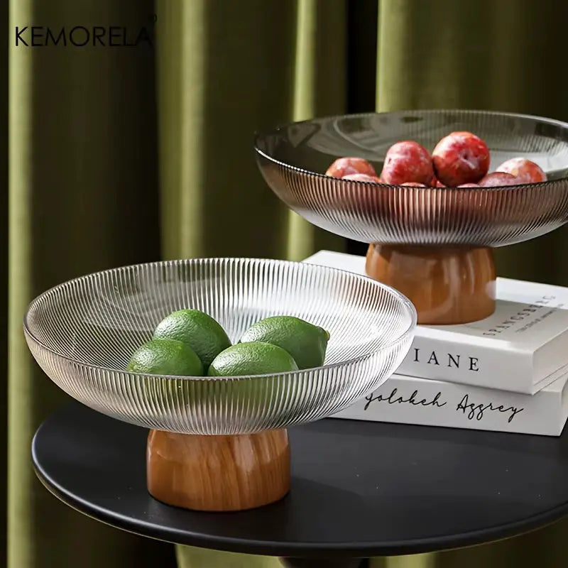 1PCS Glass Fruit Bowl Large Dessert Glass Bowl Wood Pedestal Bowl for Table Décor Fruit Bowl for Kitchen Counter Decor