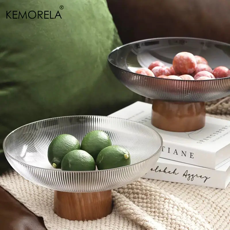 1PCS Glass Fruit Bowl Large Dessert Glass Bowl Wood Pedestal Bowl for Table Décor Fruit Bowl for Kitchen Counter Decor
