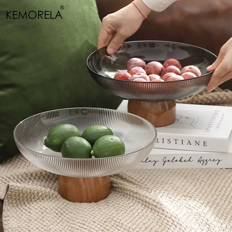 1PCS Glass Fruit Bowl Large Dessert Glass Bowl Wood Pedestal Bowl for Table Décor Fruit Bowl for Kitchen Counter Decor