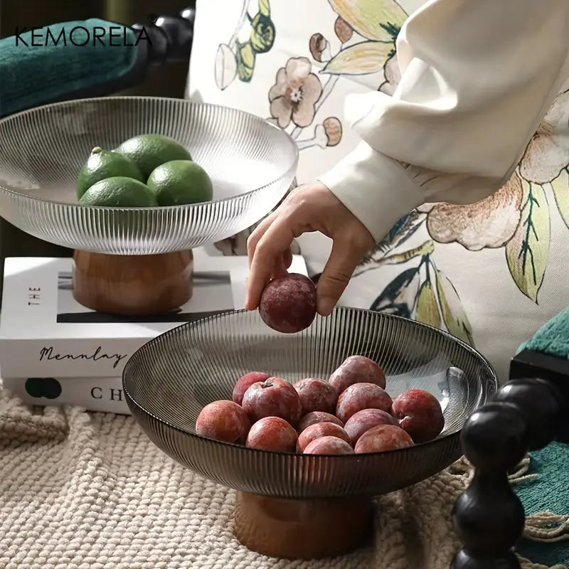 1PCS Glass Fruit Bowl Large Dessert Glass Bowl Wood Pedestal Bowl for Table Décor Fruit Bowl for Kitchen Counter Decor